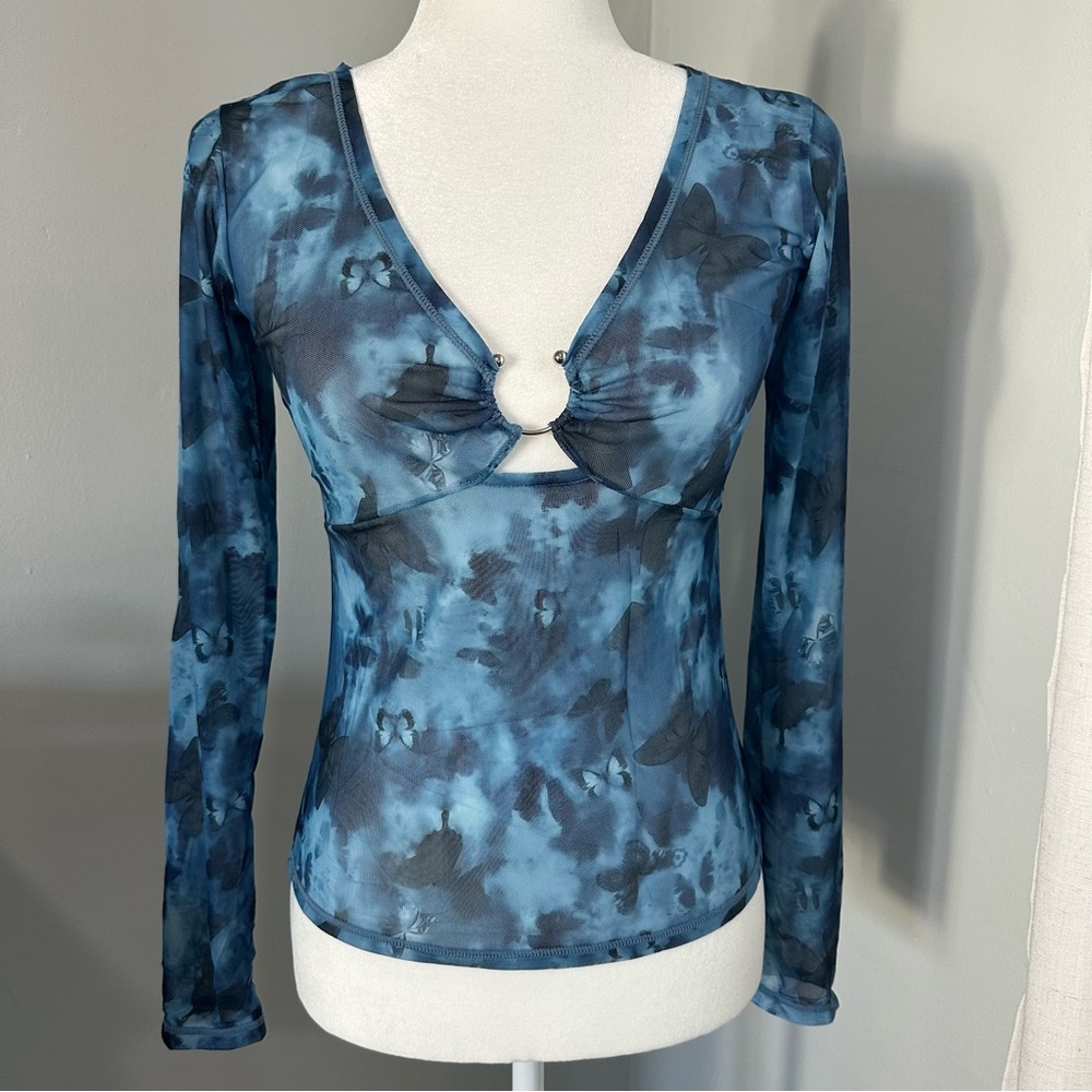 NEW!! Blue Mesh Tie-Dye Long Sleeve Top, Y2K, Butterflies, Sheer,